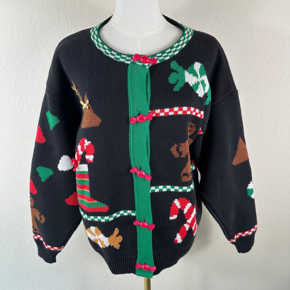 Vintage Sweater Loft Cardigan Women M Black Ugly Christmas Gingerbread Kitsch